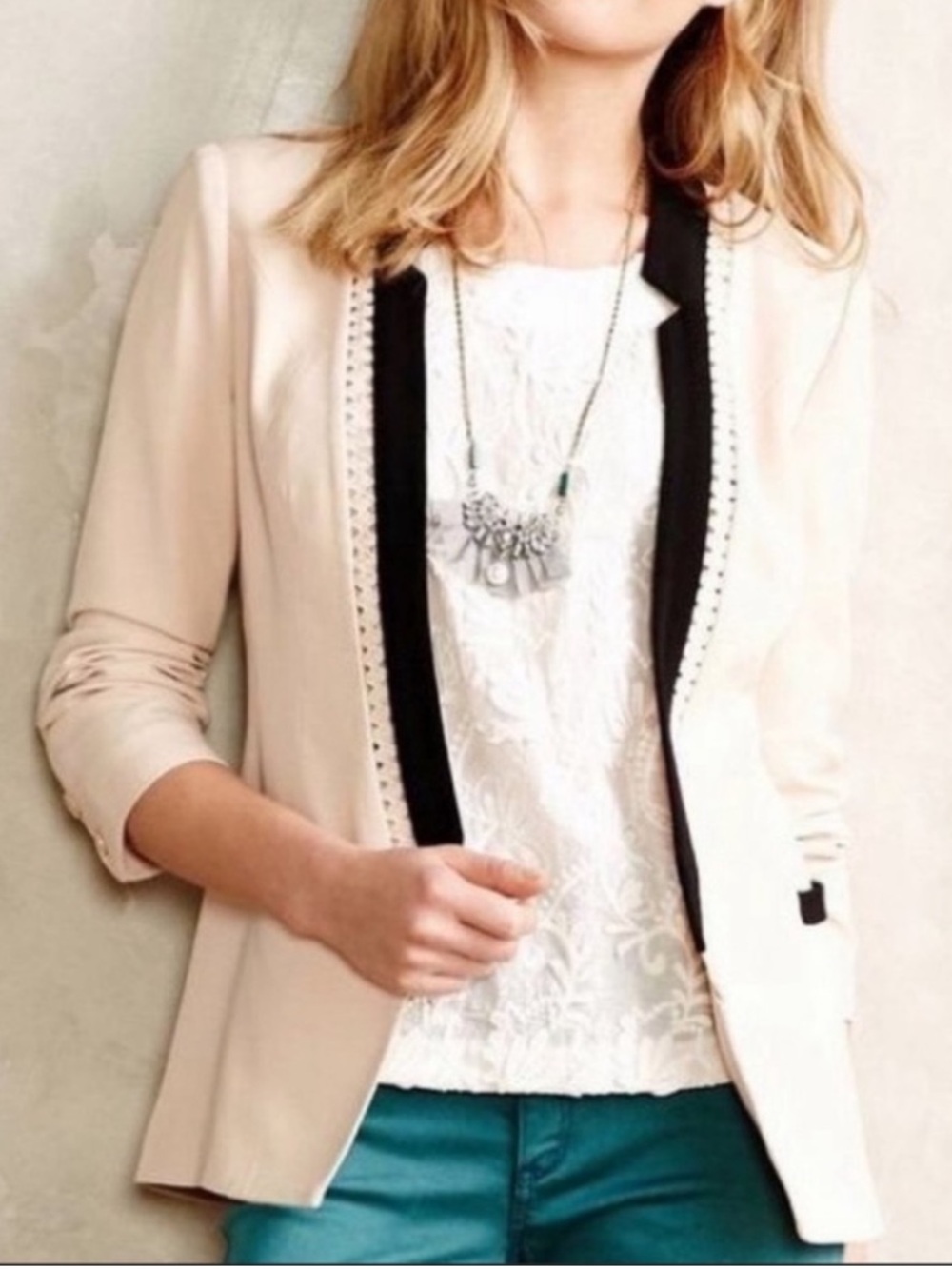 Anthropologie Cartonnier Open Front Dera Blazer Jacket Cream Black Size Small